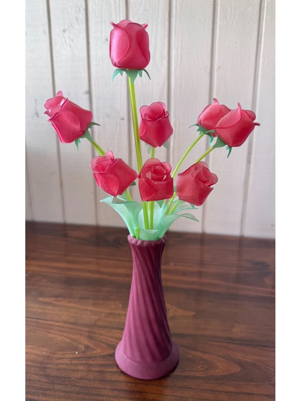 Artificial Pink Rose Flowers in Burgundy Ceramic Vase